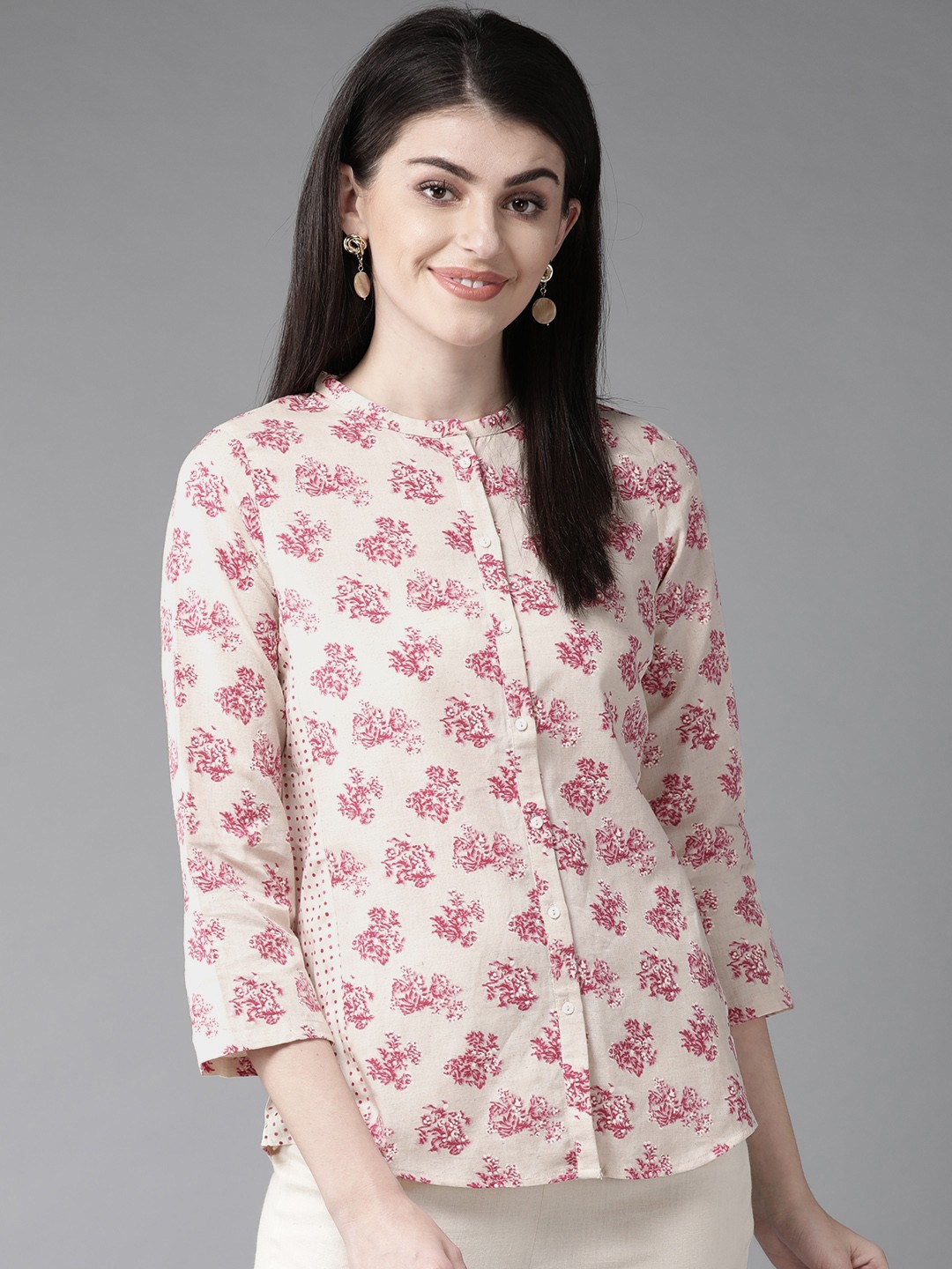 

W Women Off-White & Pink Regular Fit Printed Casual Shirt