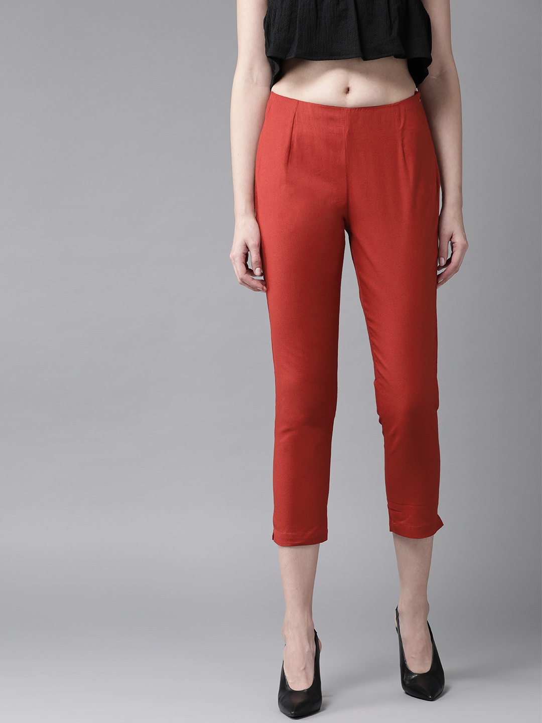 

W Women Rust Red Slim Fit Solid Cropped Regular Trousers