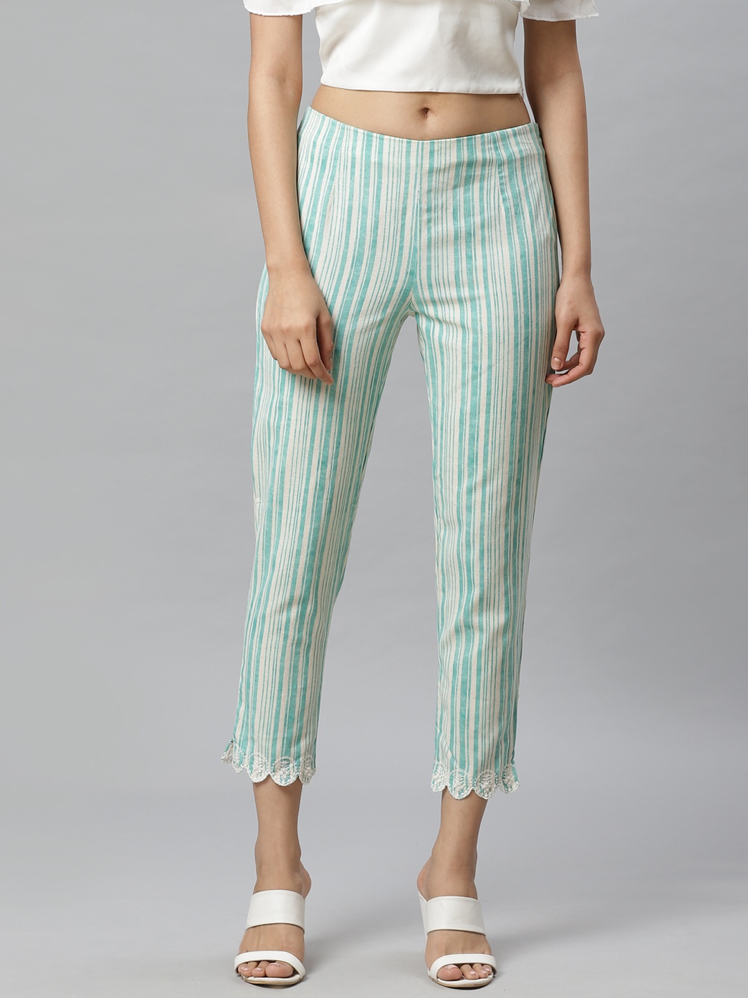 

W Women Green & White Slim Fit Striped Regular Trousers