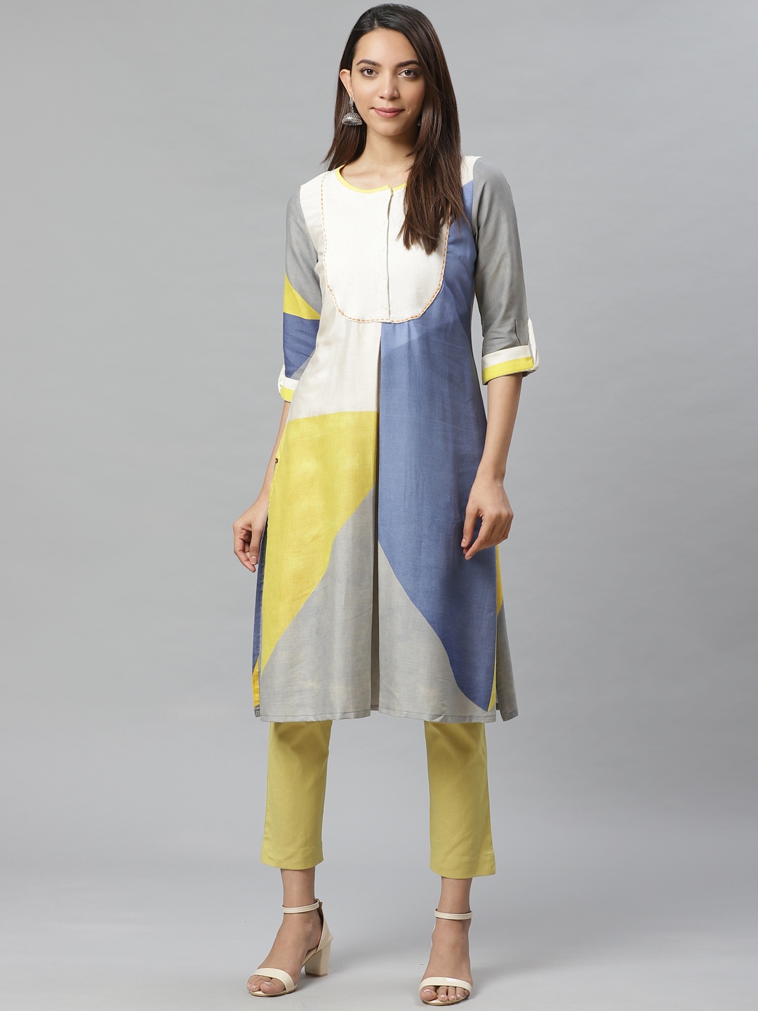 

W Women Blue & Yellow Colourblocked Straight Kurta