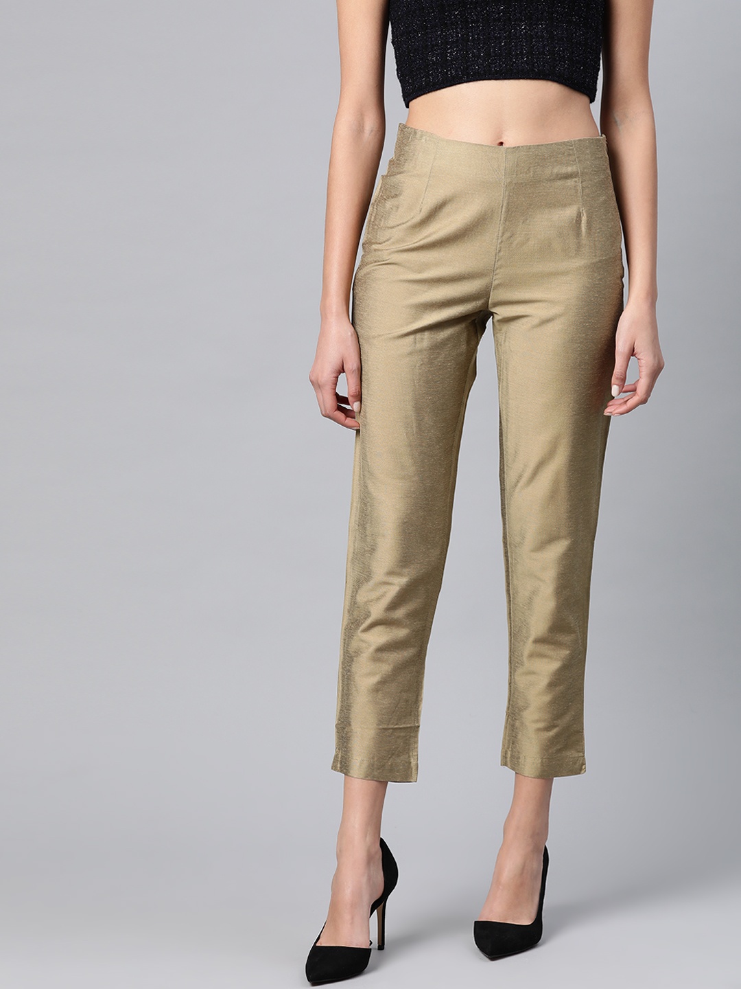 

W Women Golden Slim Fit Solid Regular Cropped Trousers, Gold