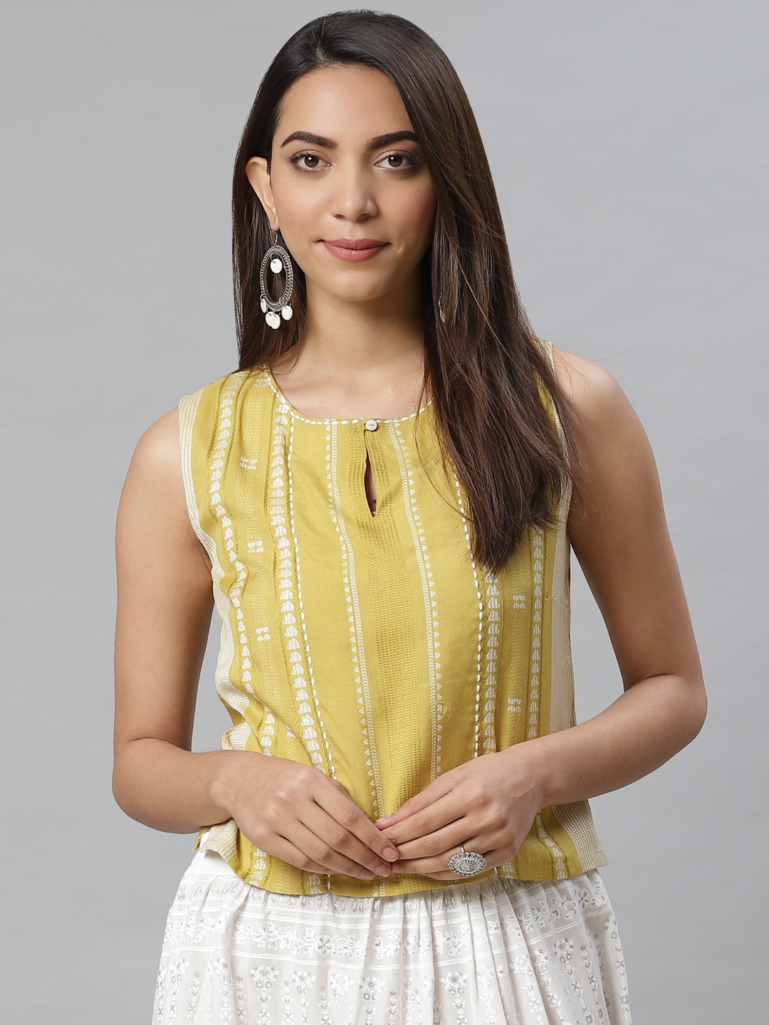 

W Women Lime Green Self Design Cropped Top
