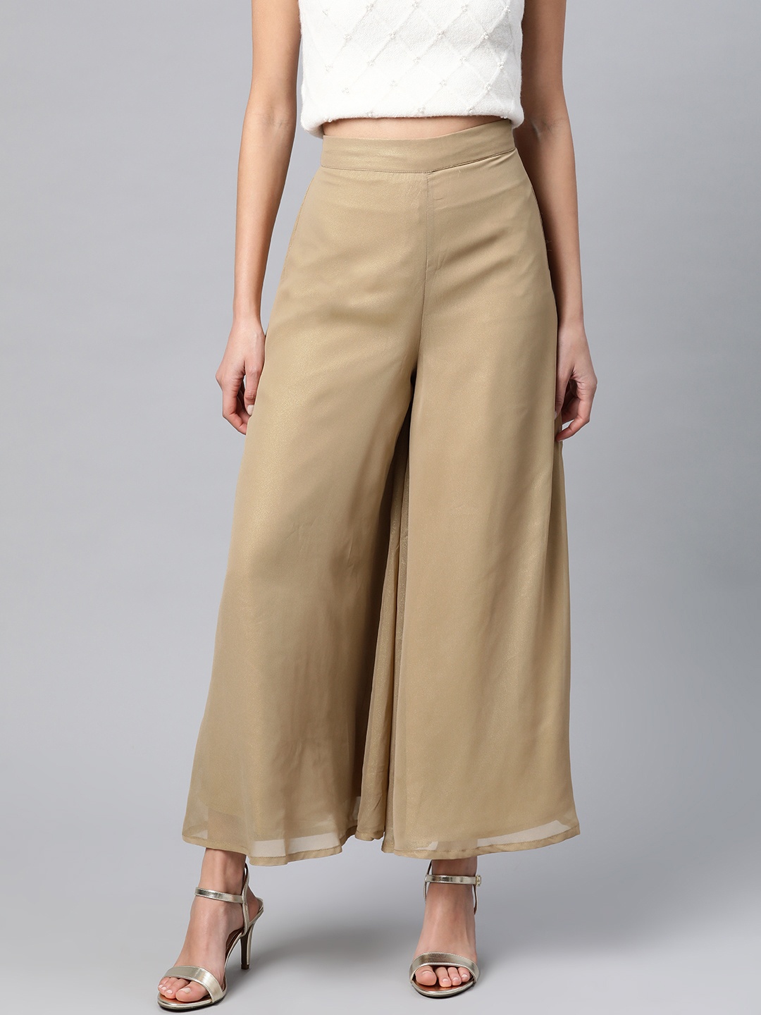 

W Women Golden Solid Wide Leg Palazzos With Sheen Effect, Gold