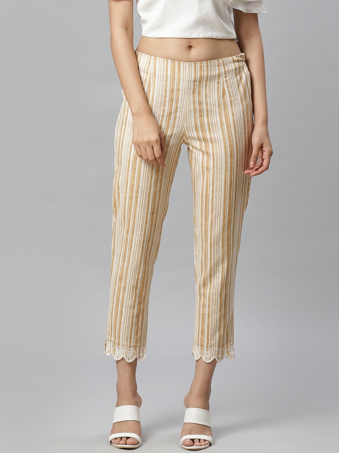 

W Women Beige & Off-White Slim Fit Striped Cropped Regular Trousers