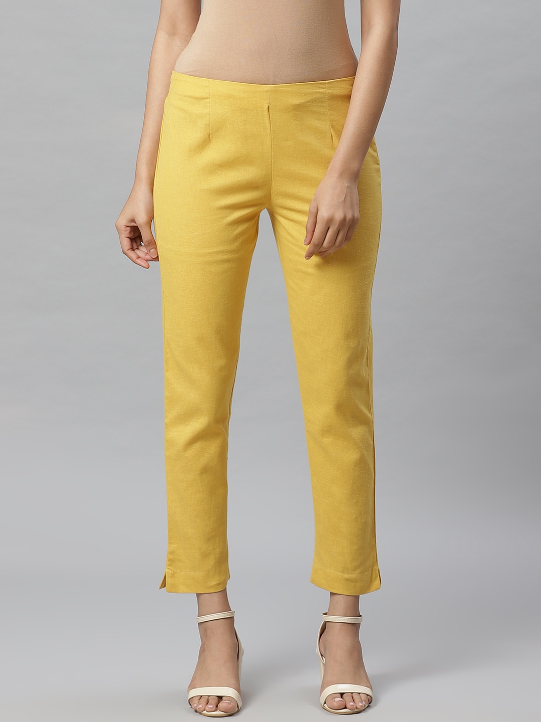 

W Women Mustard Yellow Slim Fit Solid Cropped Regular Trousers