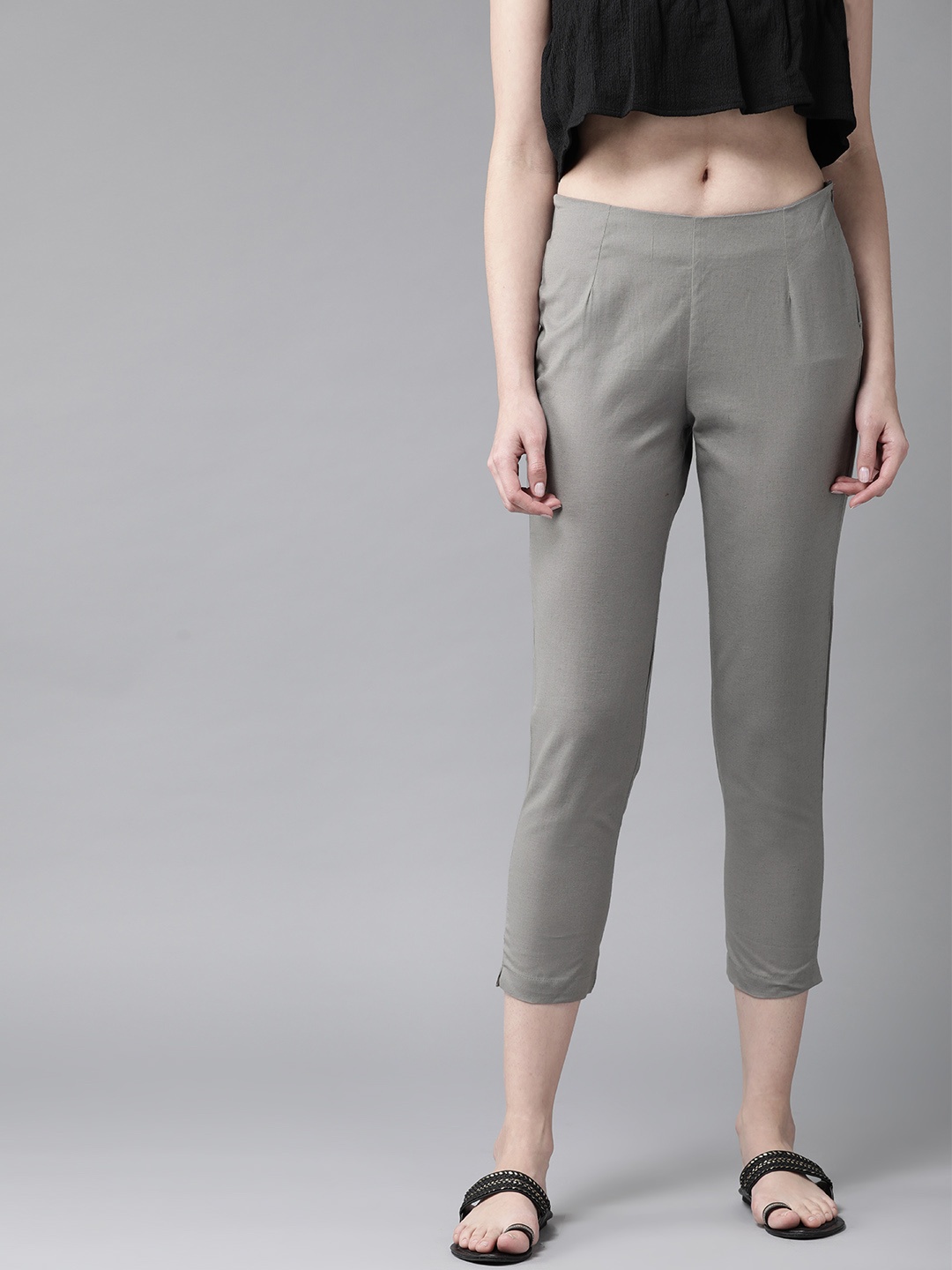 

W Women Grey Slim Fit Solid Cropped Regular Trousers