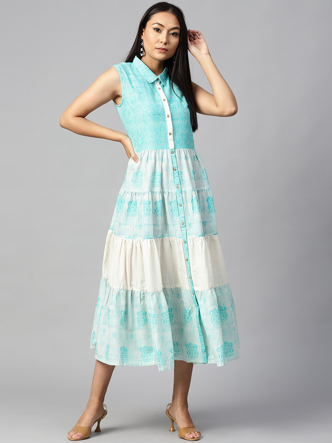 

W Women Blue & White Printed Tiered Shirt Dress
