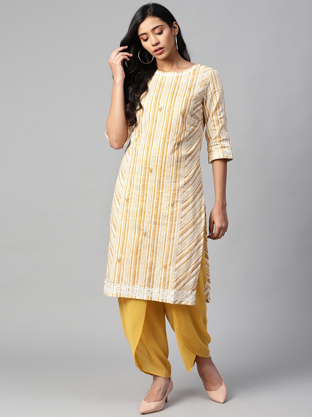

W Women Mustard Yellow & Off-White Striped Straight Kurta with Embroidered Detail