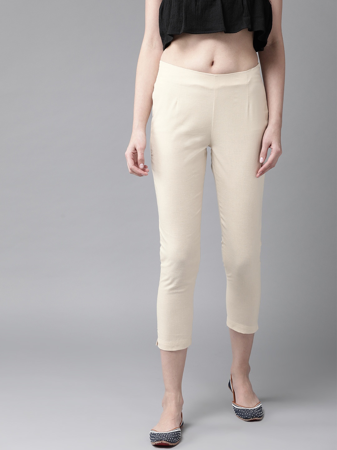 

W Women Beige Slim Fit Solid Cropped Regular Trousers