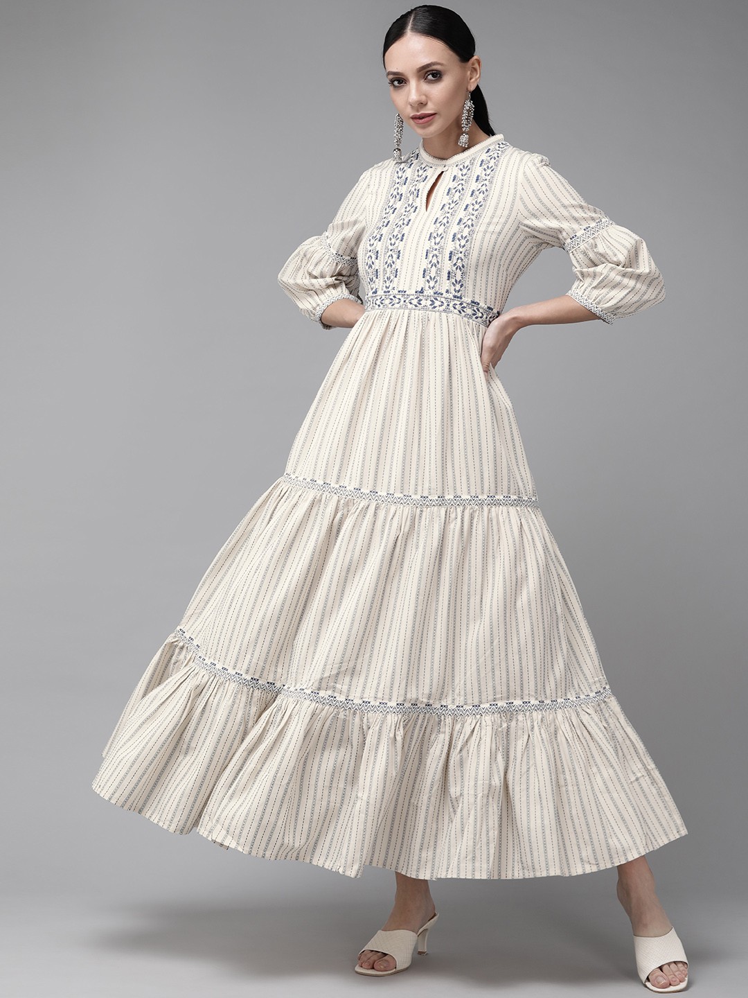 

W Beige & Black Embroidered Striped Keyhole Neck Tiered Ethnic Maxi Dress