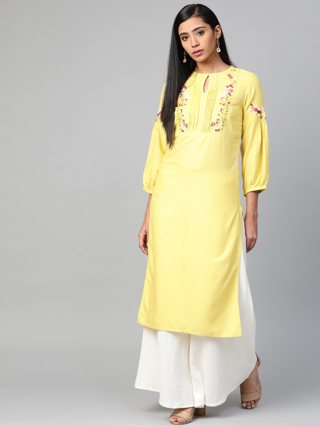 

W Women Yellow Yoke Design Straight Kurta