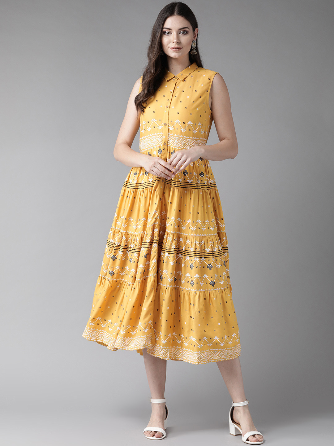

W Women Mustard Yellow & Off-White Printed Tiered Shirt Sustainable Dress