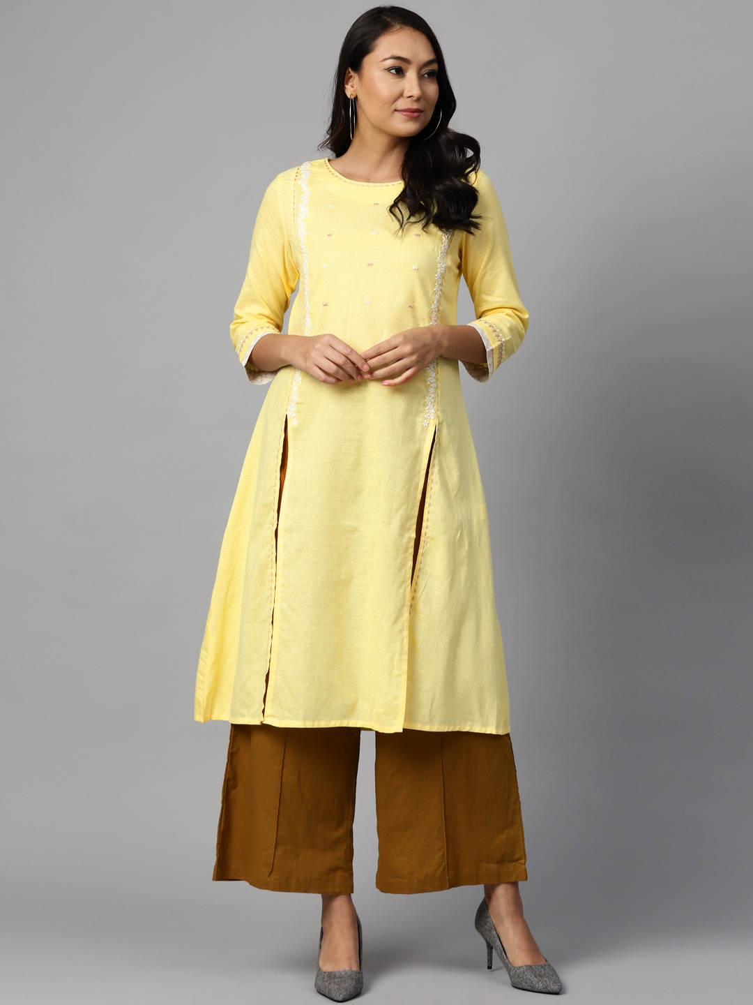 

W Women A-Line Cotton Kurta, Yellow