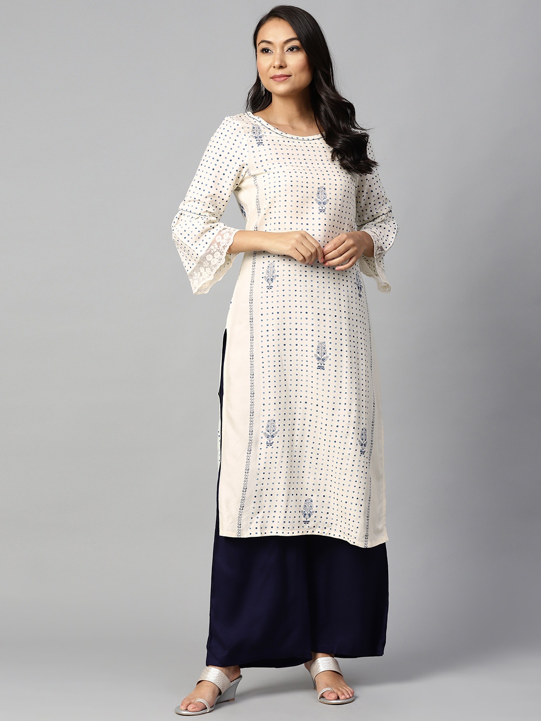 

W Women Off-White & Navy Blue Polka Dot Print Straight Kurta