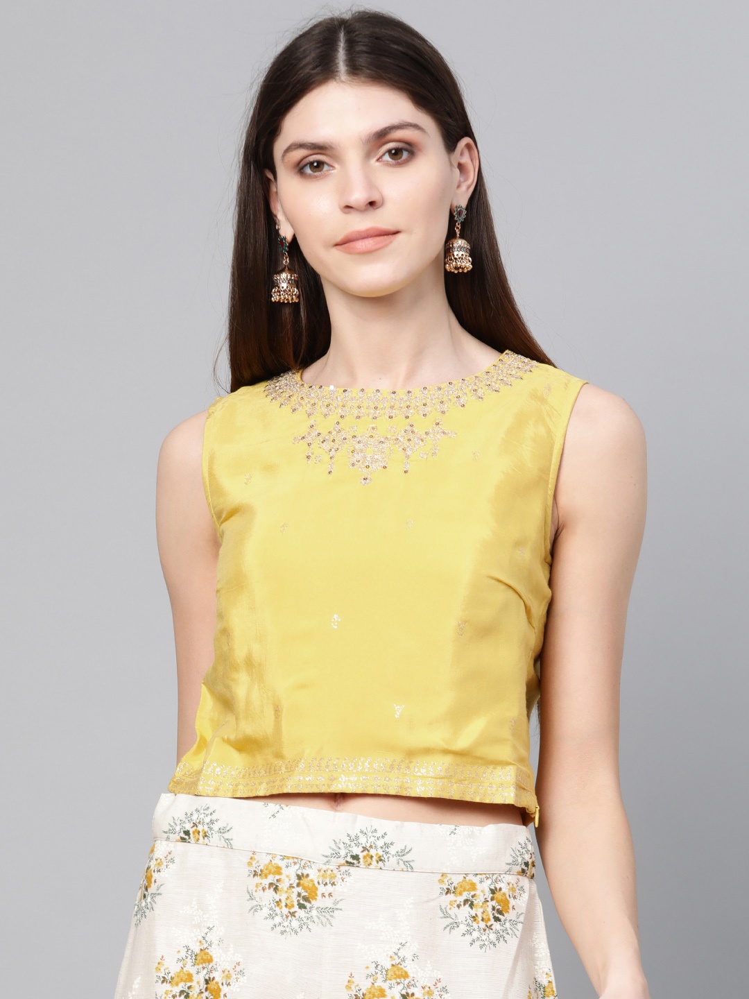 

W Women Mustard Yellow & Golden Self Design Crop Top