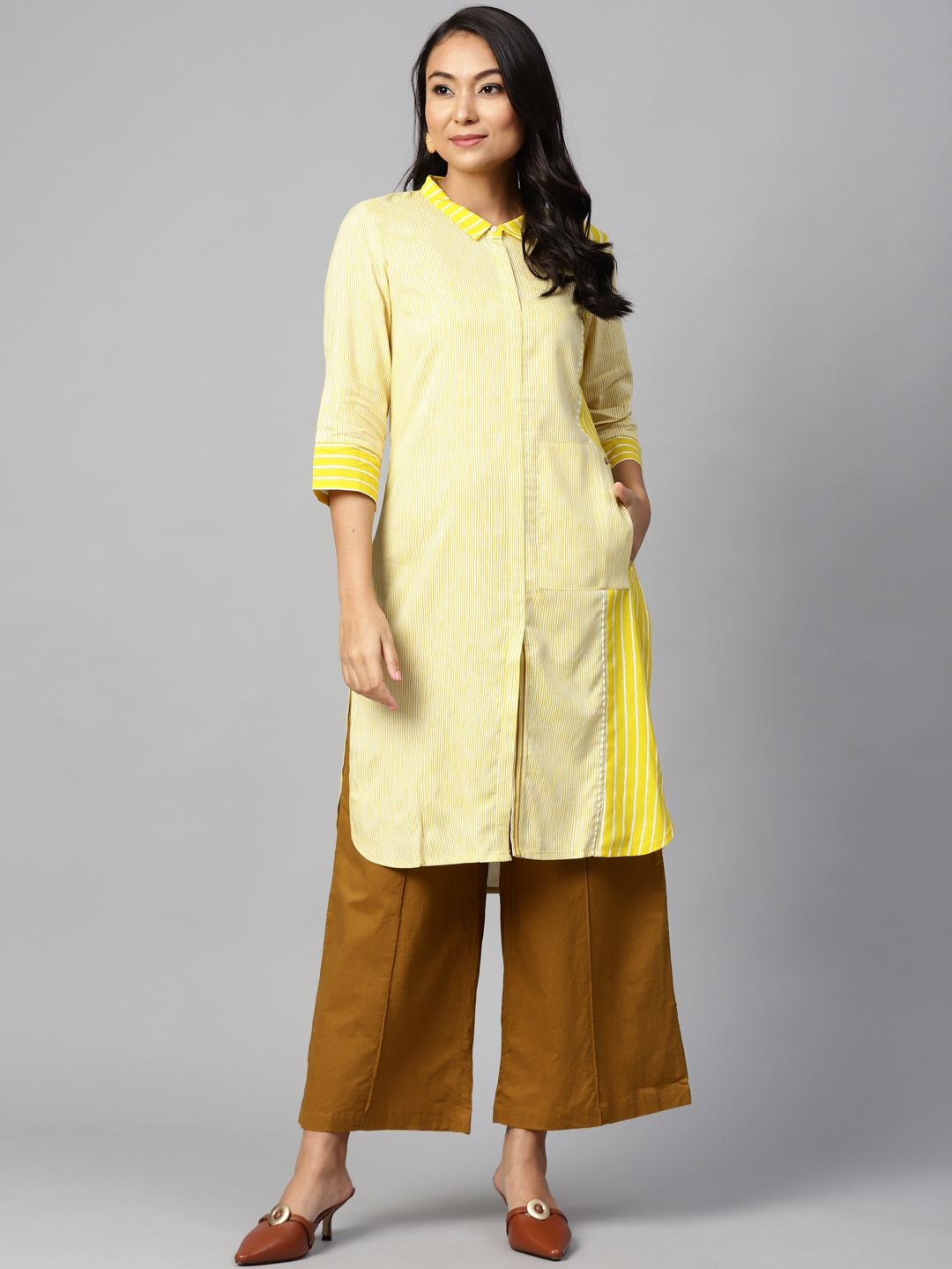 

W Women Yellow & White Striped Pathani Kurta