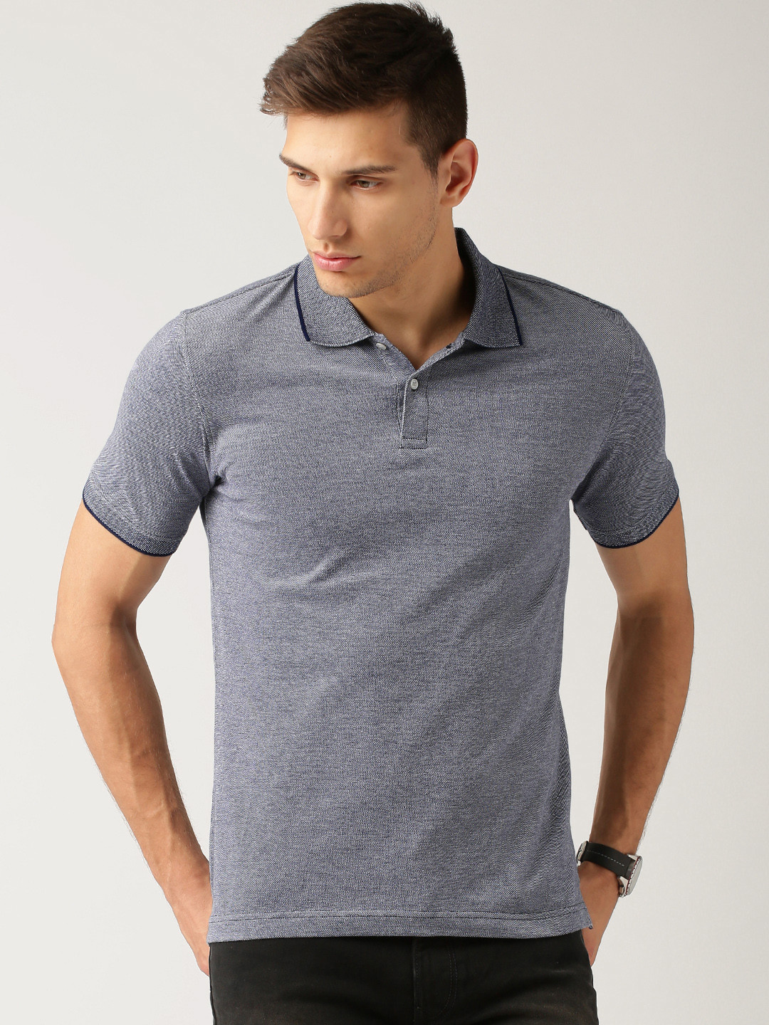 

ETHER Navy Polo Slim Fit Solid Round Neck Pure Cotton T-shirt, Navy blue