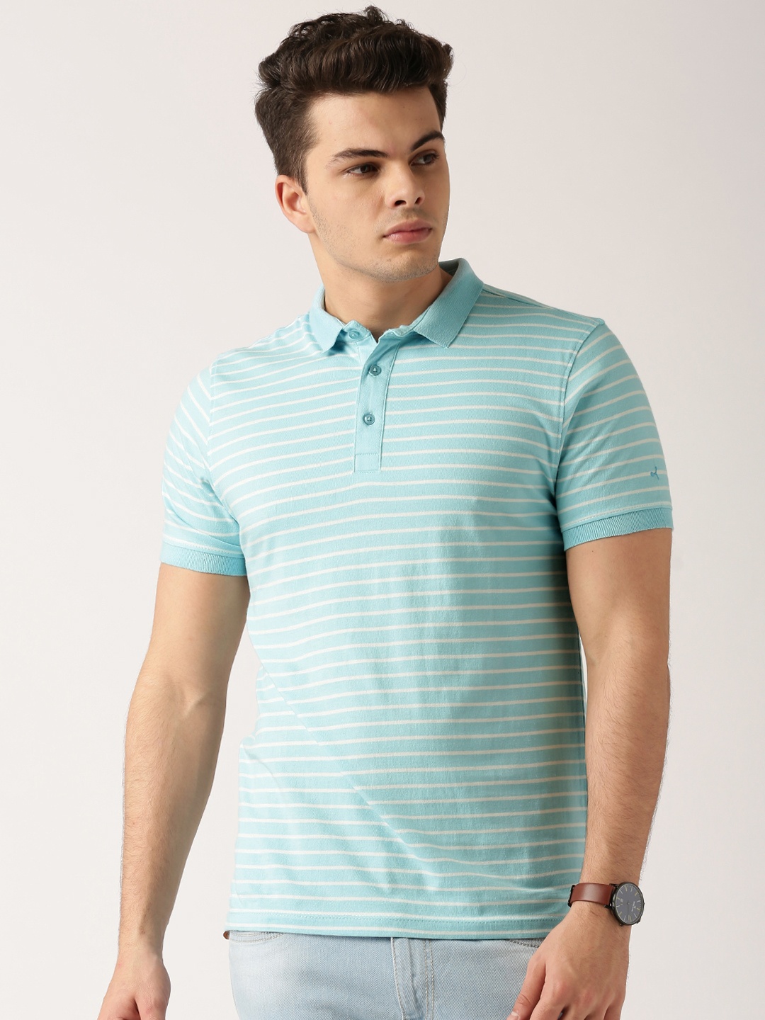 

ETHER Blue White Striped Polo Collar Pure Cotton T-shirt