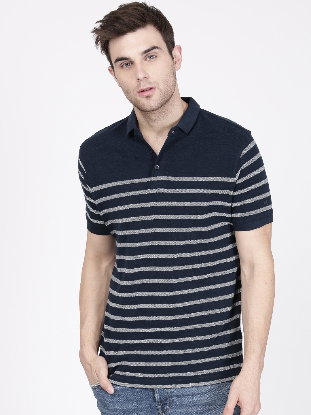 

ether Men Navy Blue Grey Striped Polo Collar Pure Cotton T-shirt