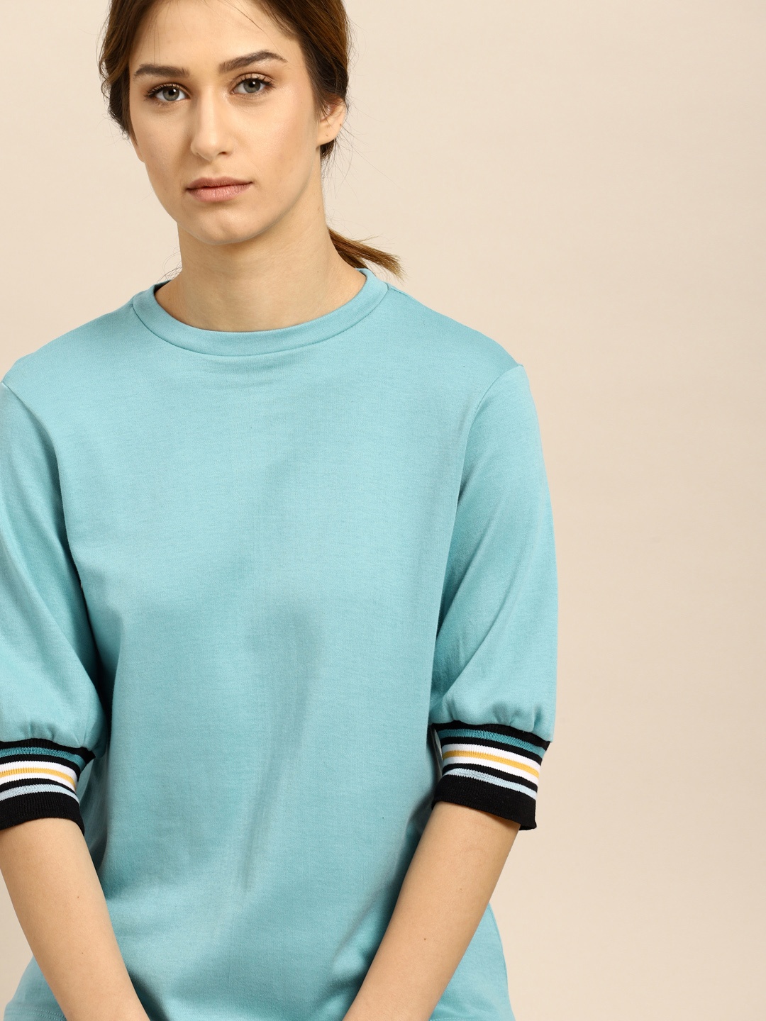 

ether Women Blue Solid Round Neck Pure Cotton T-shirt