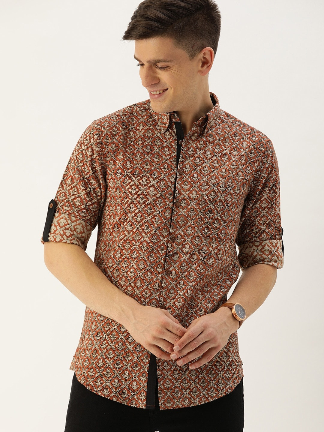 

Taavi Men Rust Orange & Beige Bagru Hand Block Printed Sustainable Shirt with Roll-Up Sleeves