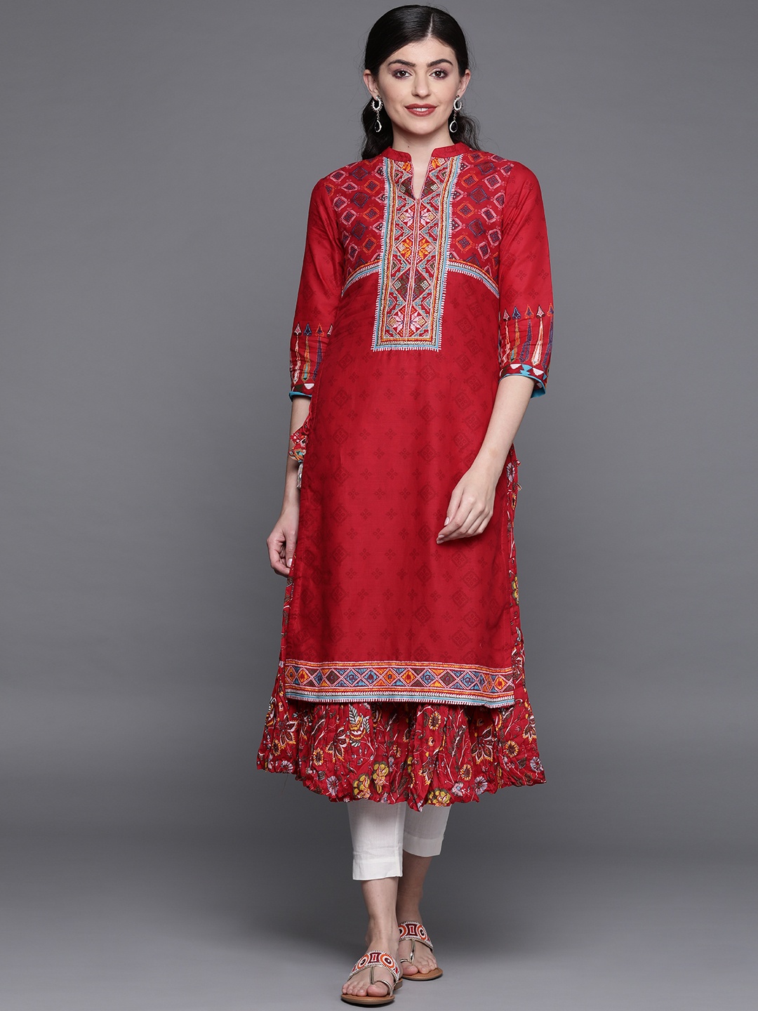 

Biba Women Red & Blue Printed Layered A-Line Kurta