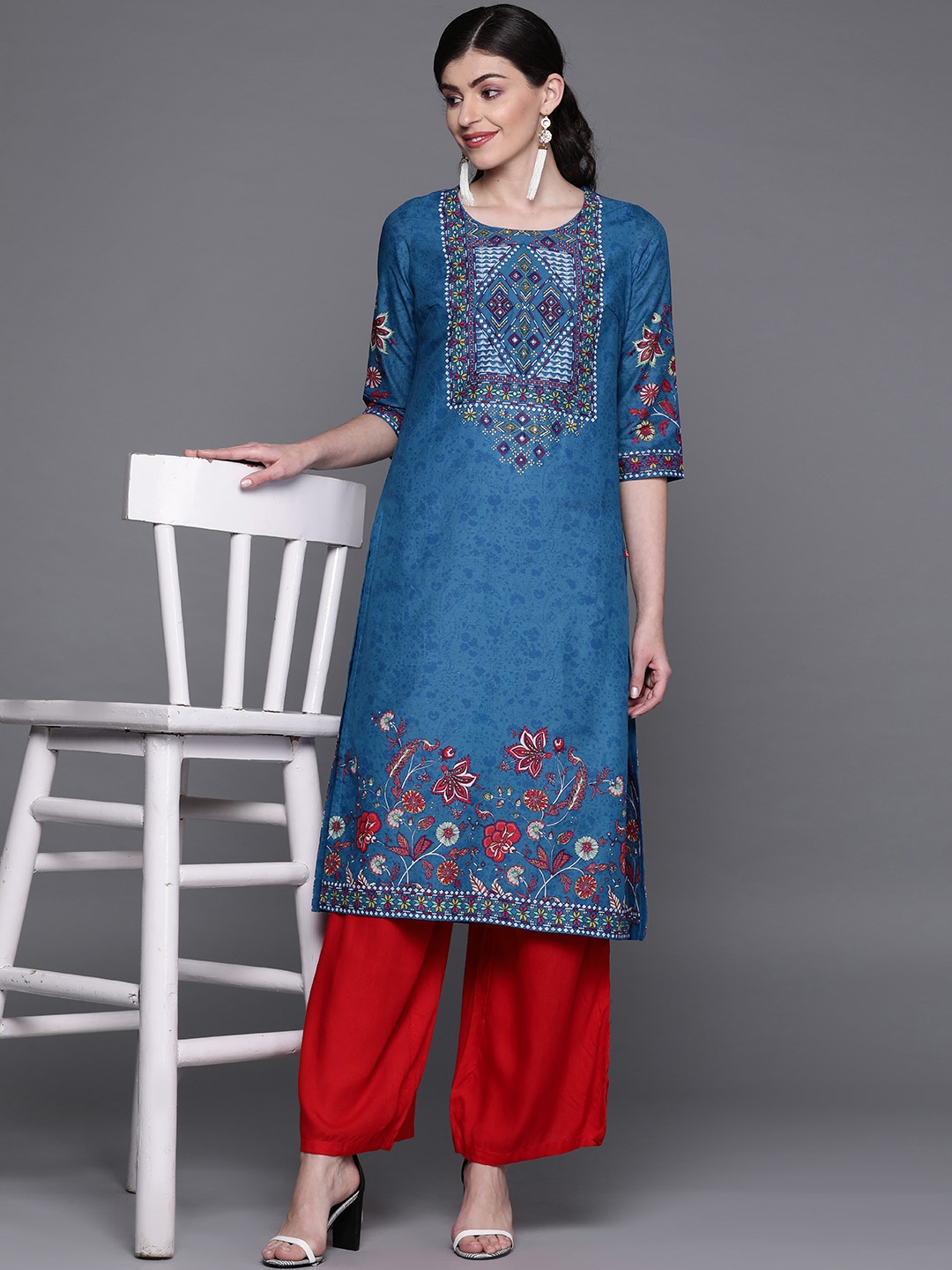 

Biba Women Blue & Off-White Printed Straight Kurta