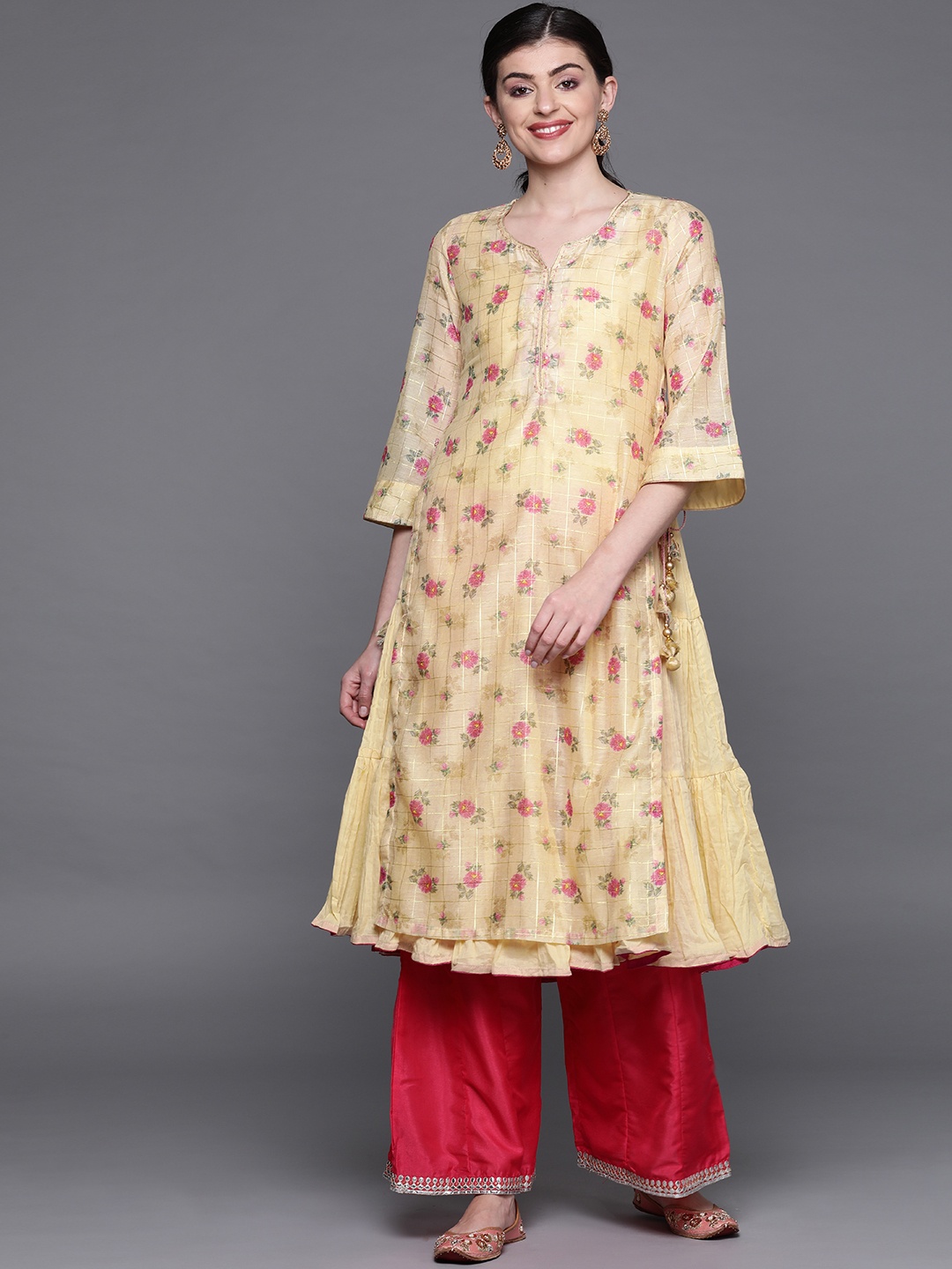 

Biba Women Yellow & Pink Printed Layered Tiered A-Line Kurta