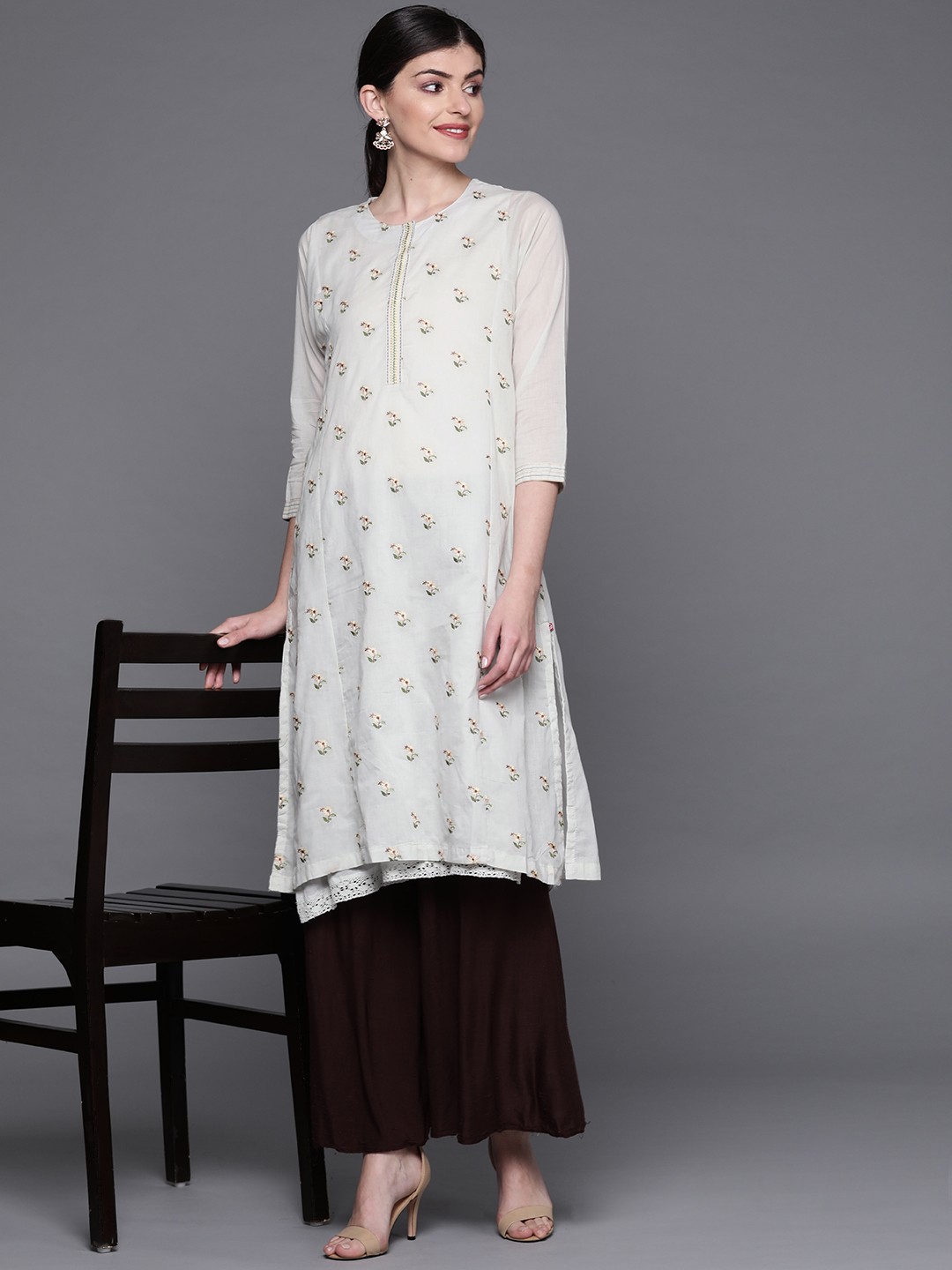 

Biba Women Grey & Beige Floral Embroidered A-lIne Layered Kurta