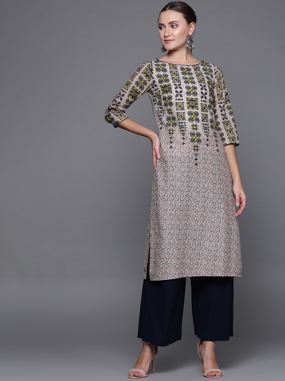 

Biba Women Peach-Coloured & Navy Blue Printed Straight Kurta