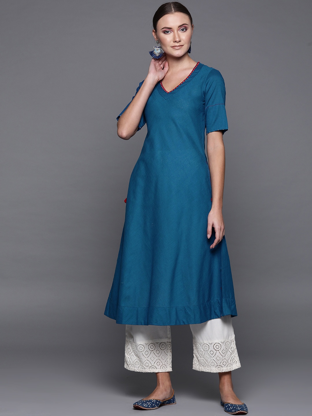

Biba Women Teal Blue Solid A-Line Kurta