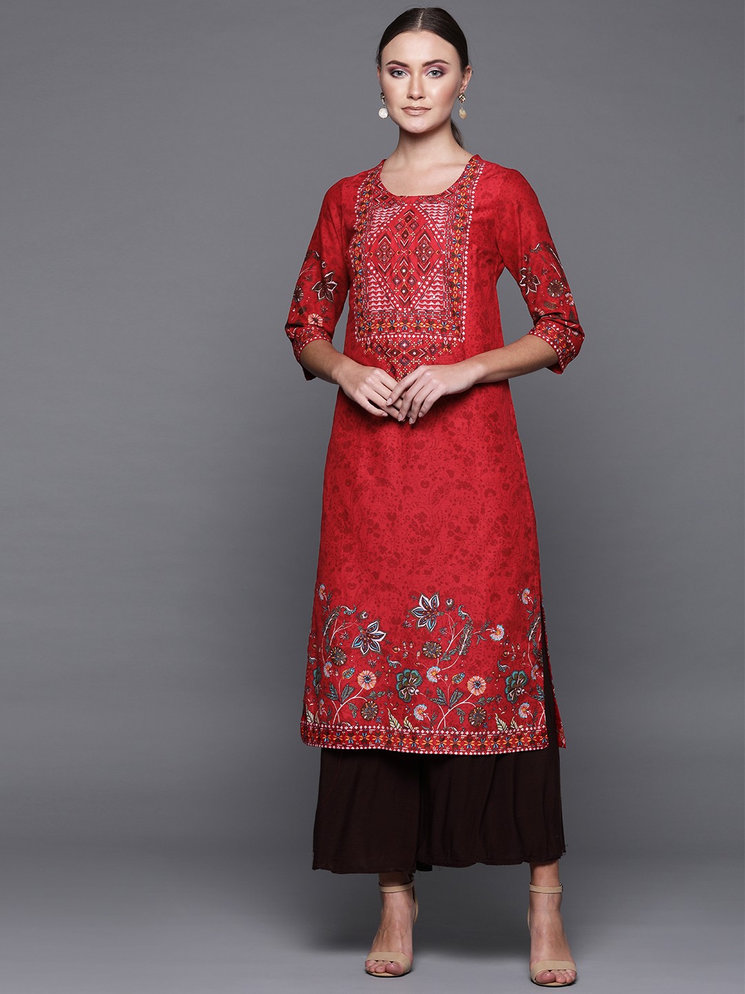 

Biba Women Red & Off-White Printed Straight Kurta