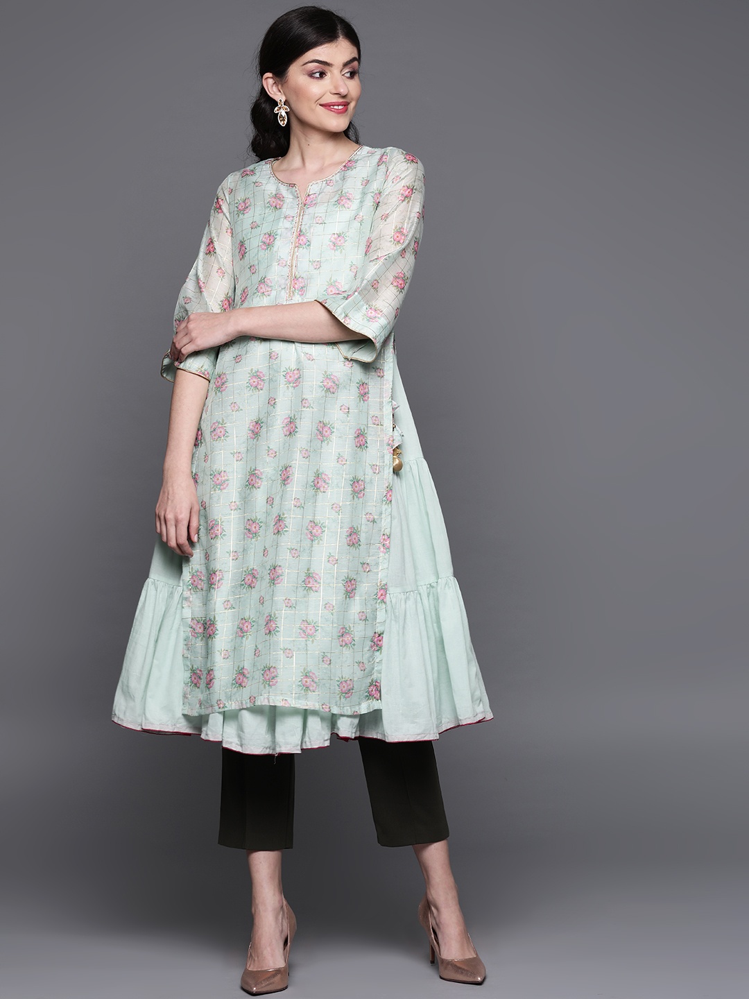 

Biba Women Sea Green & Pink Floral Printed Layered Kurta