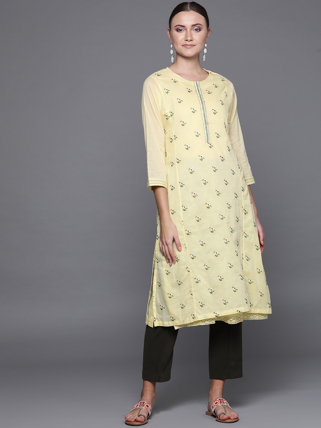 

Biba Women Yellow & Green Embroidered Layered Straight Kurta