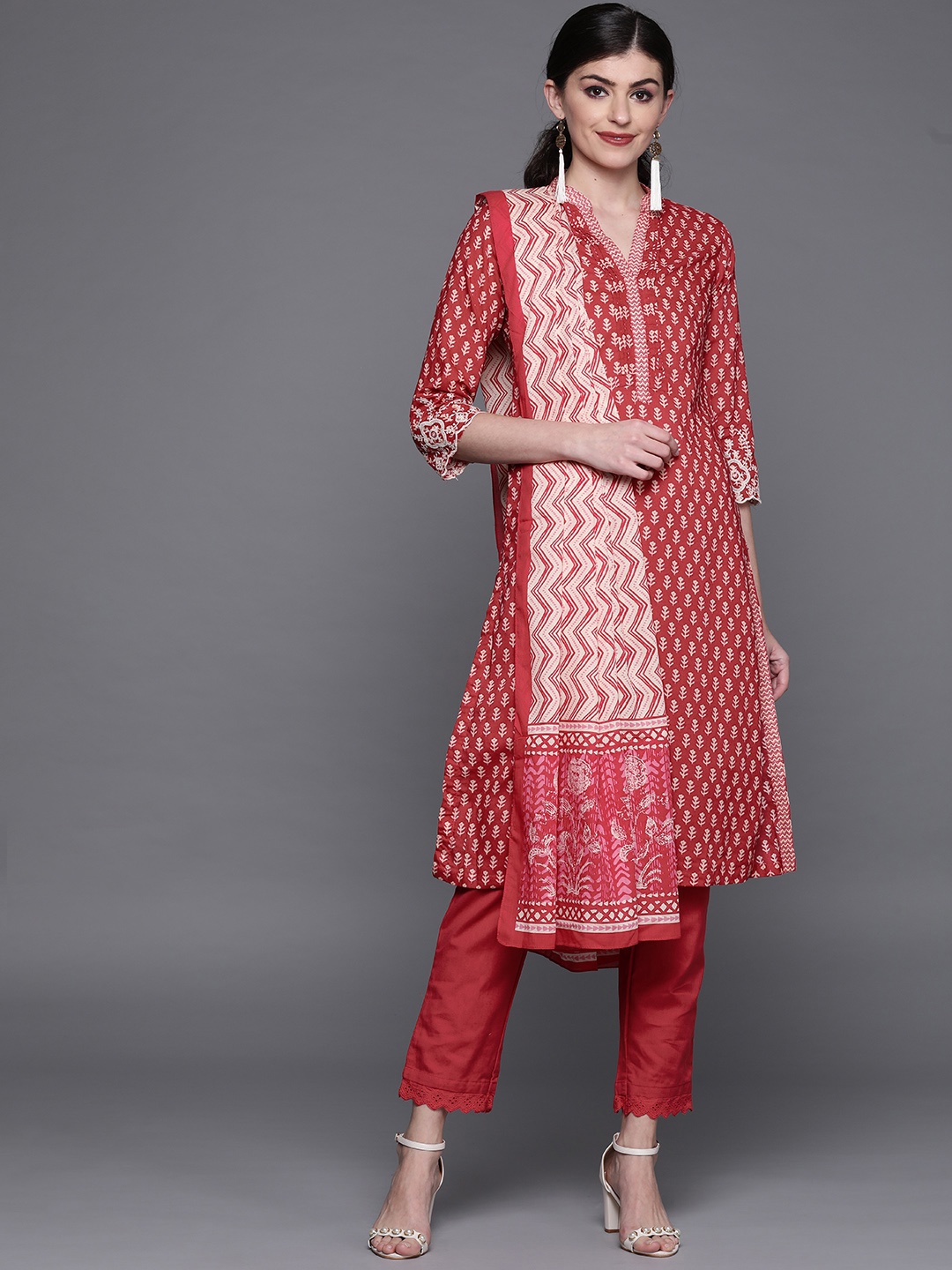 

Biba Women Red & Cream-Coloured Printed Kurta with Trousers & Dupatta