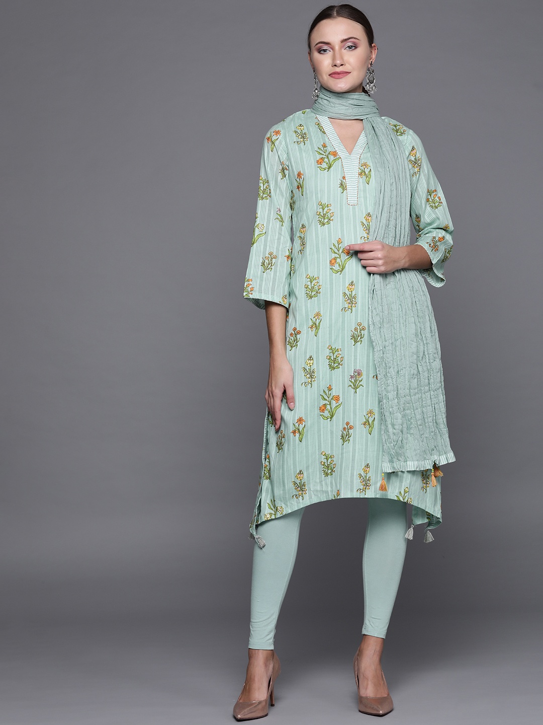 

Biba Women Sea Green Printed Kurta with Legggings & Dupatta