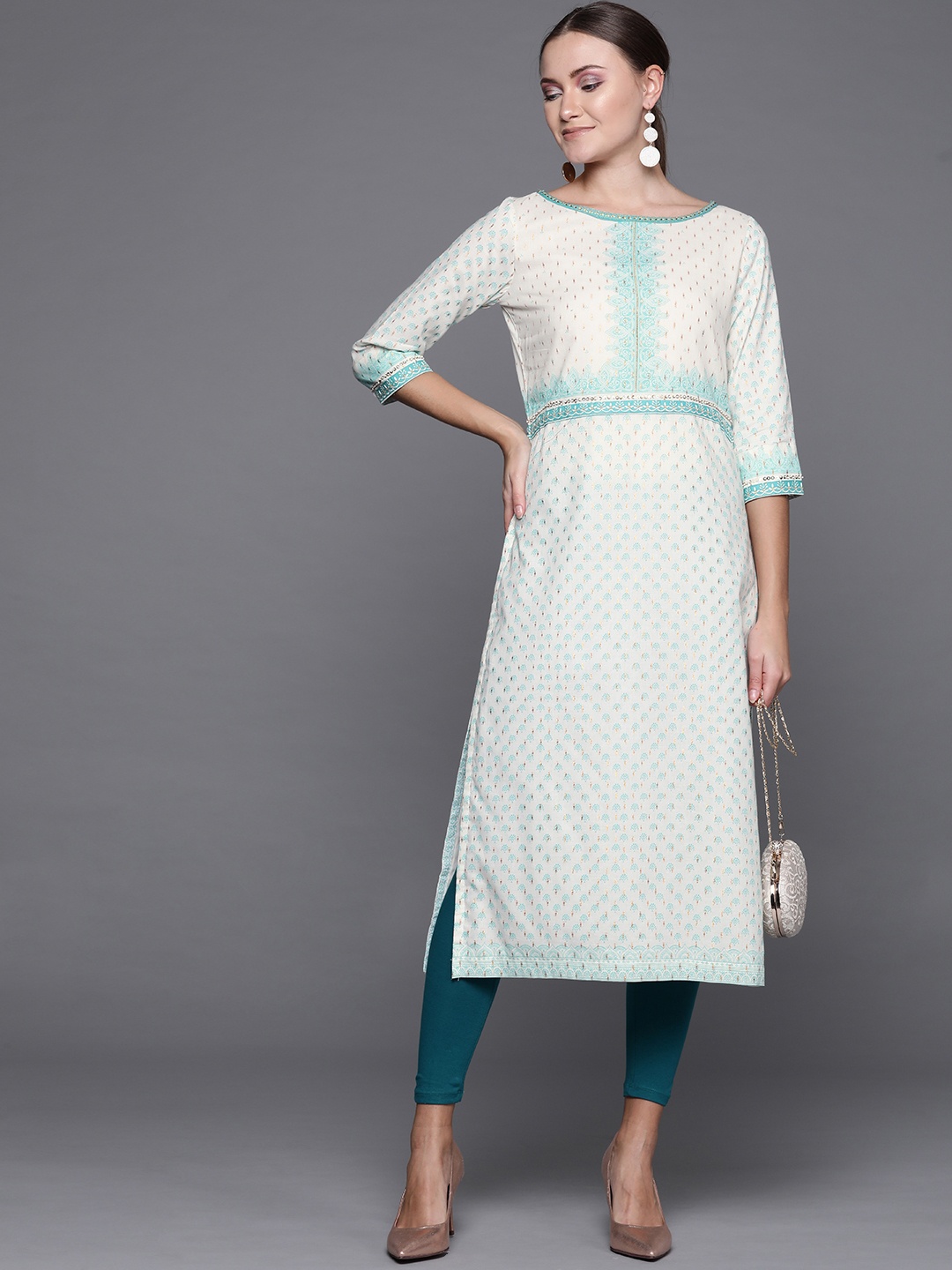 

Biba Women Off-White & Blue Printed Straight Kurta