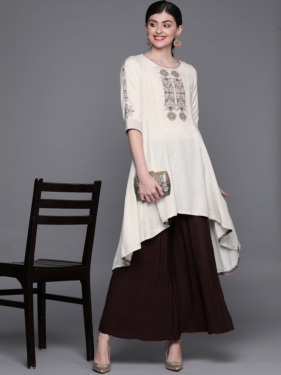 

Biba Women Off-White Embroidered Yoke Design A-Line Kurta