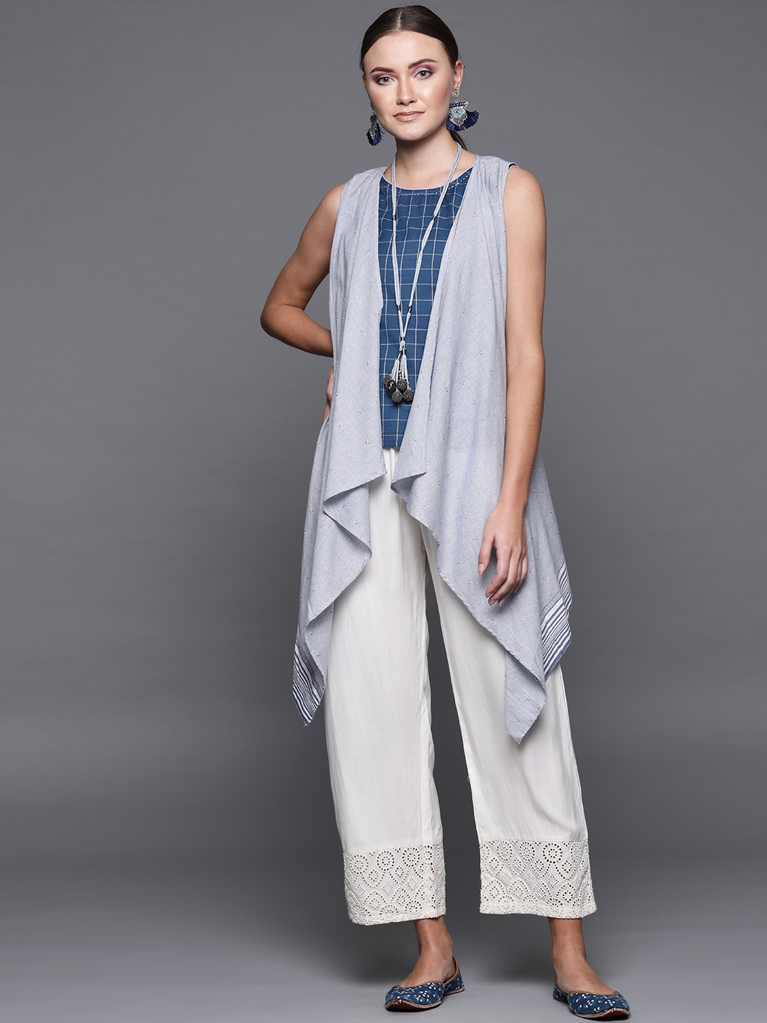 

Biba Women Blue & Grey Checked Pure Cotton Top with Ethnic Jacket