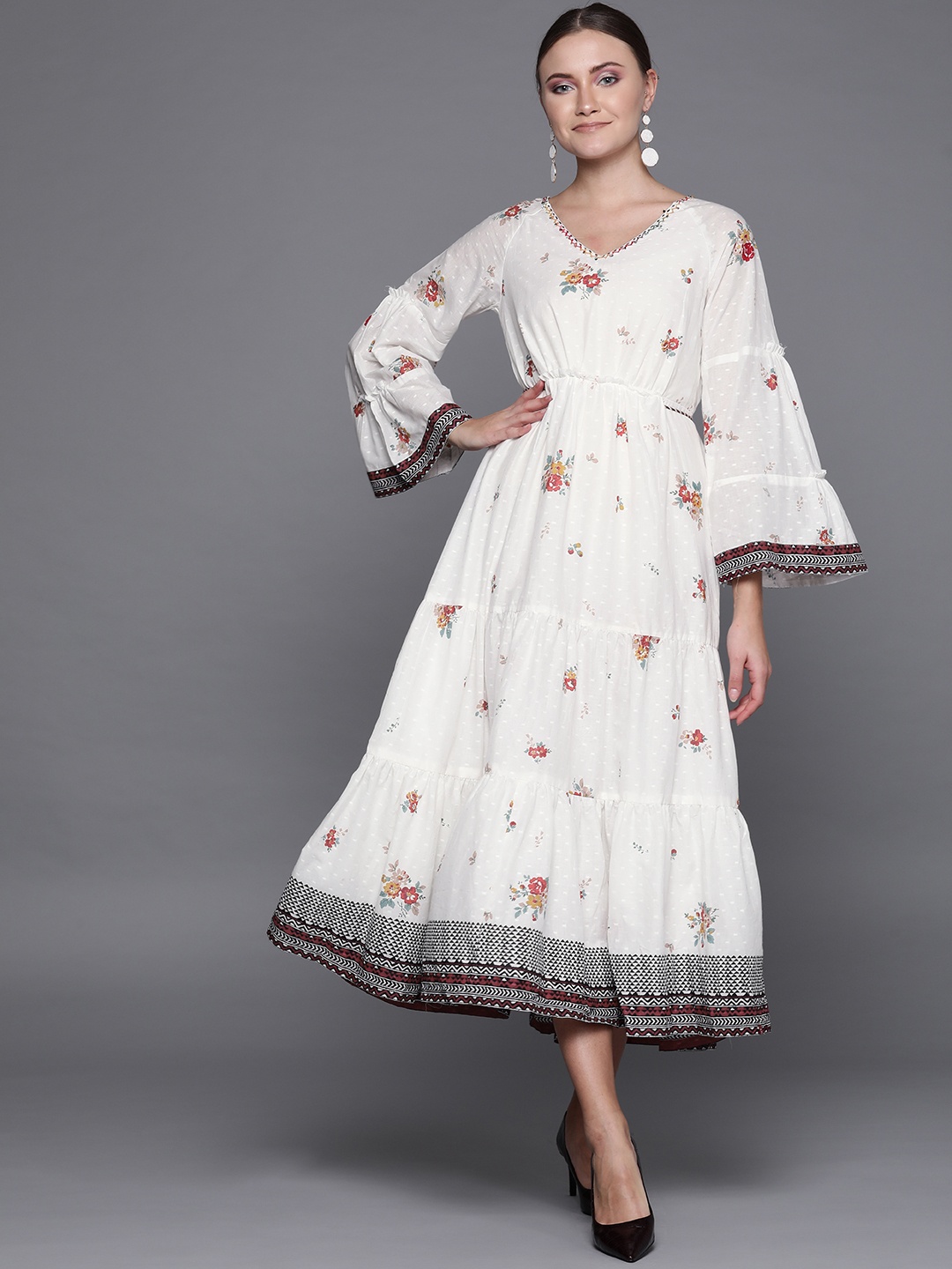 

Biba White Floral Printed Cotton Tiered Maxi Dress