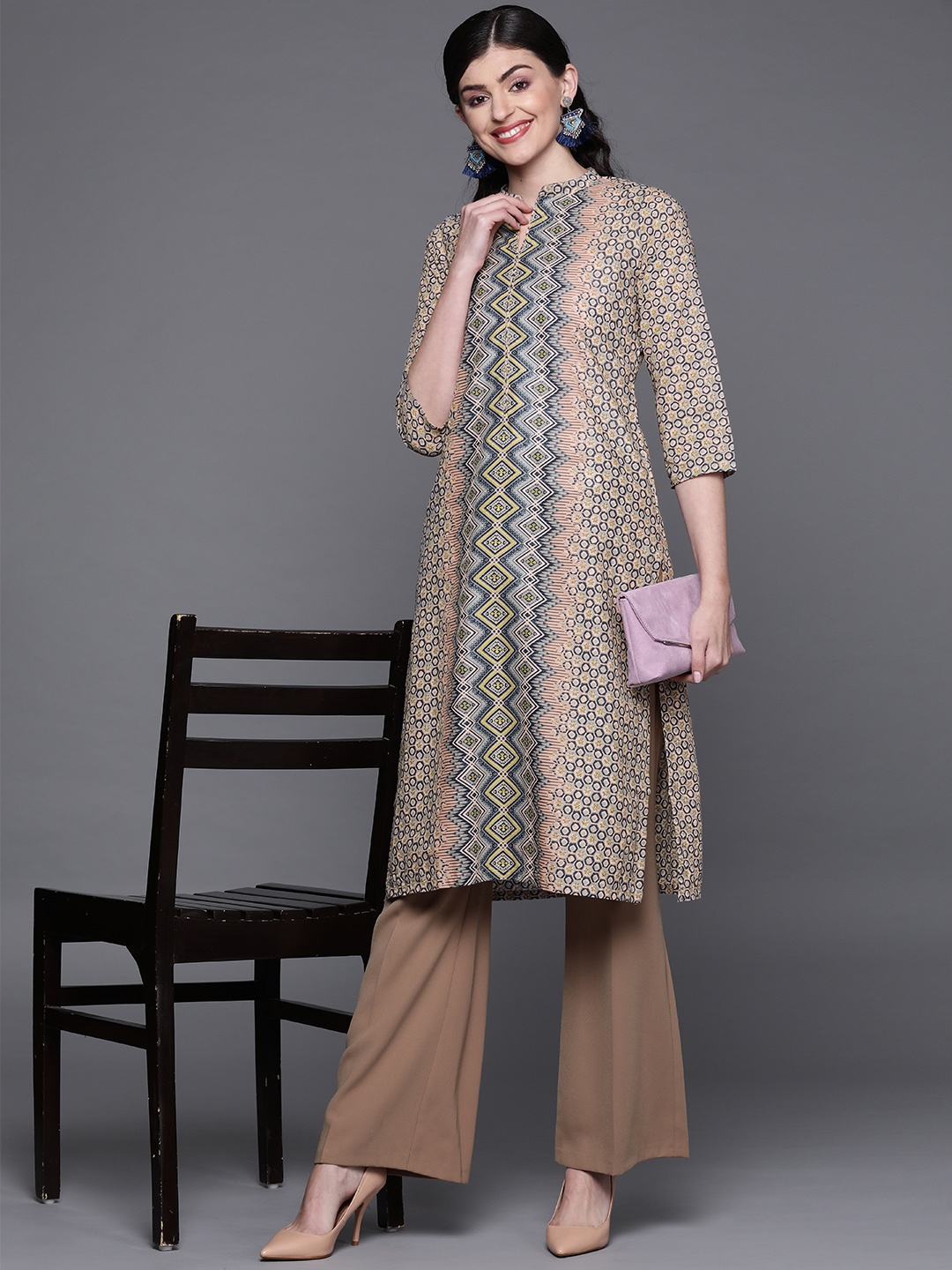 

Biba Women Peach-Coloured & Navy Blue Printed Straight Kurta