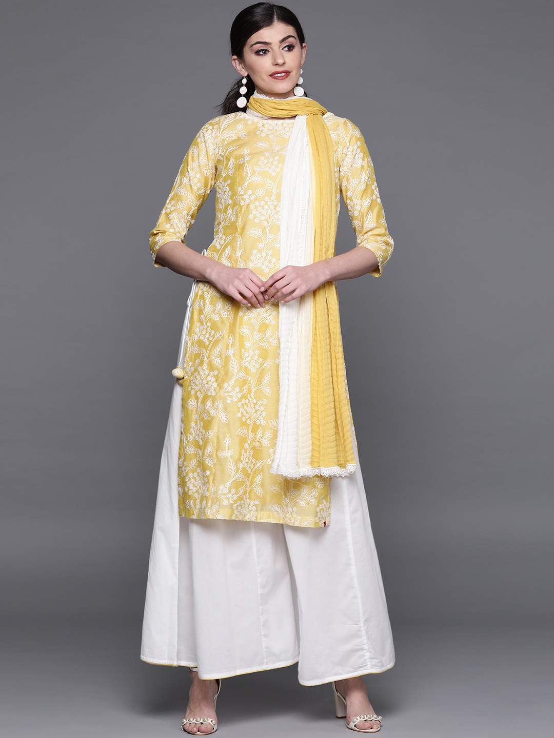 

Biba Women Yellow & White Embroidered Kurta with Palazzos & Dupatta