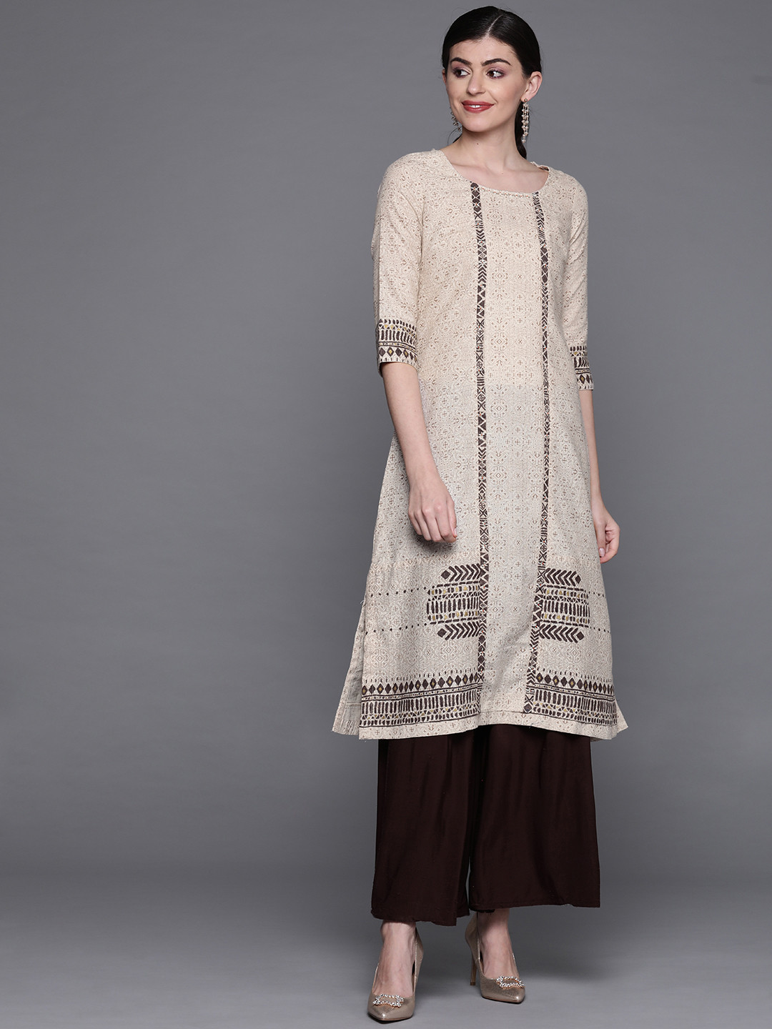 

Biba Women Beige & Brown Printed A-Line Kurta
