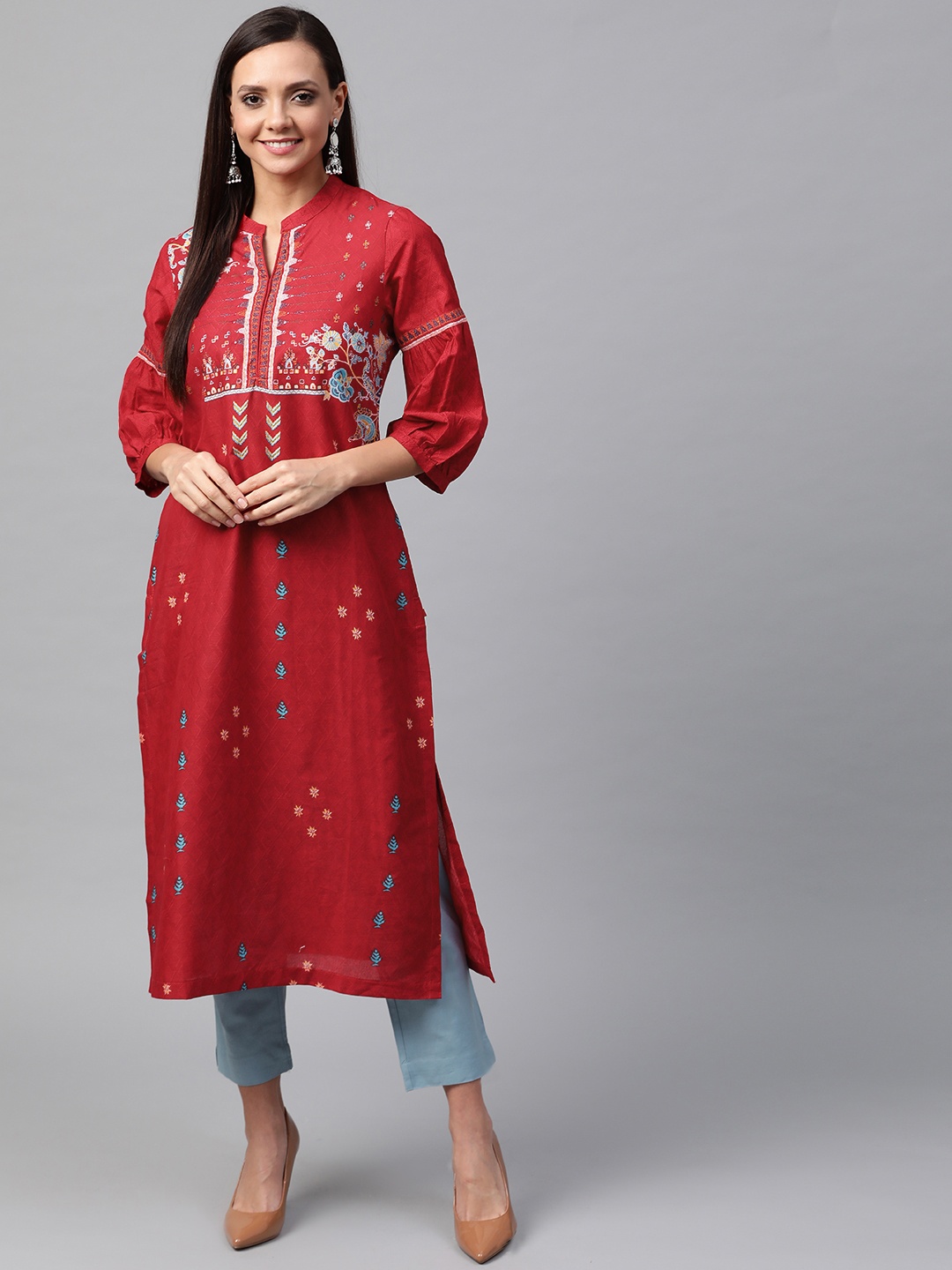 

Biba Women Red & Blue Printed Straight Kurta