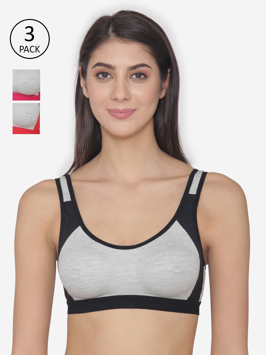 

N-Gal Pack of 3 Colourblocked Non-Wired Non Padded Sports Bras, Black