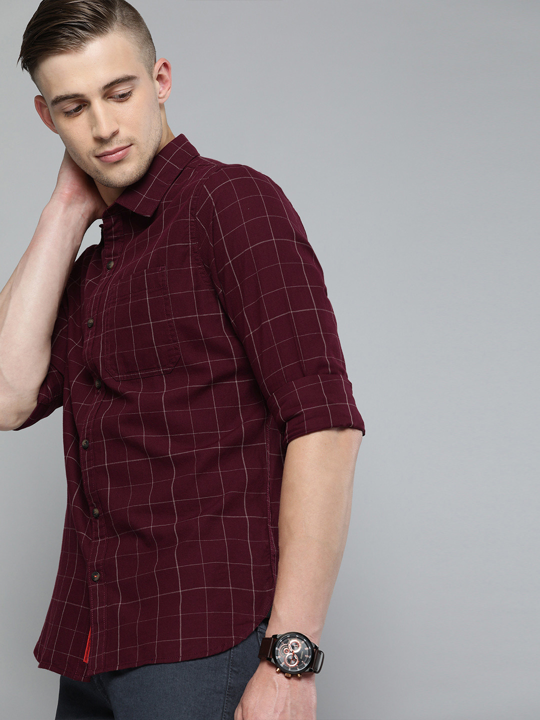 

SINGLE Men Maroon & Beige Slim Fit Checked Casual Shirt