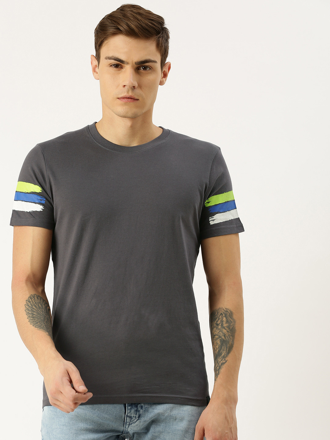 

SINGLE Men Grey Solid Round Neck Short Sleeves T-shirt