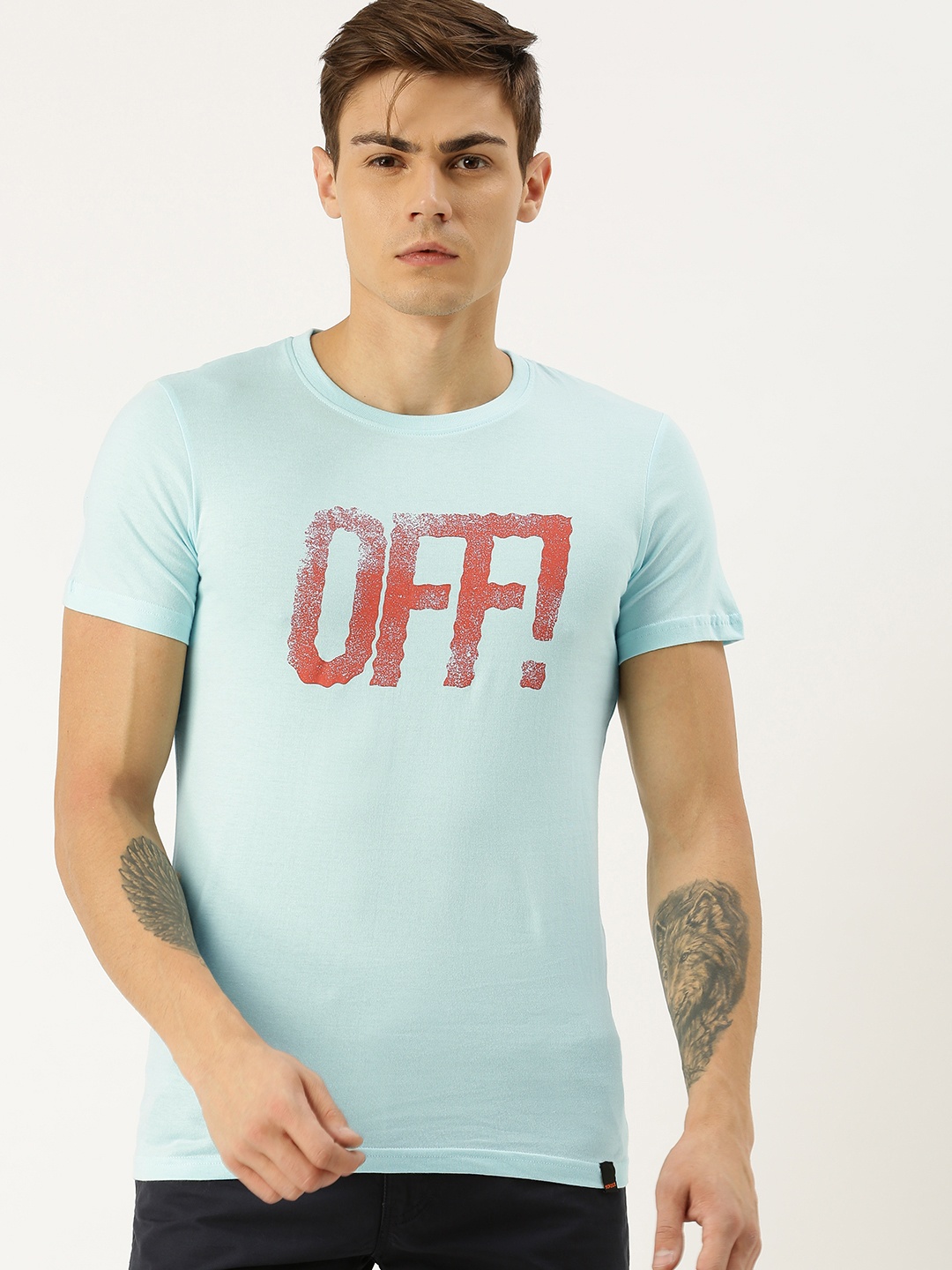 

SINGLE Men Blue Printed Round Neck T-shirt