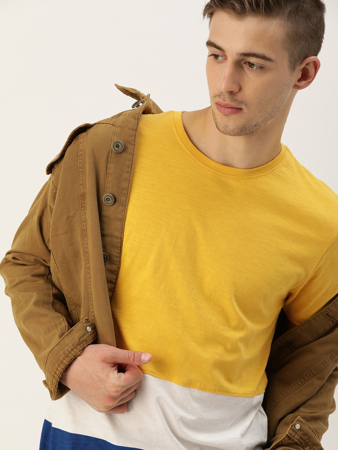 

SINGLE Men Mustard Yellow White Colourblocked Boxy Fit Round Neck Pure Cotton T-shirt