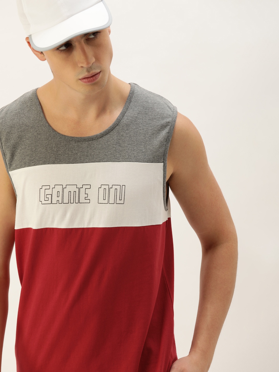 

SINGLE Men Grey Melange White Colourblocked Round Neck Pure Cotton T-shirt